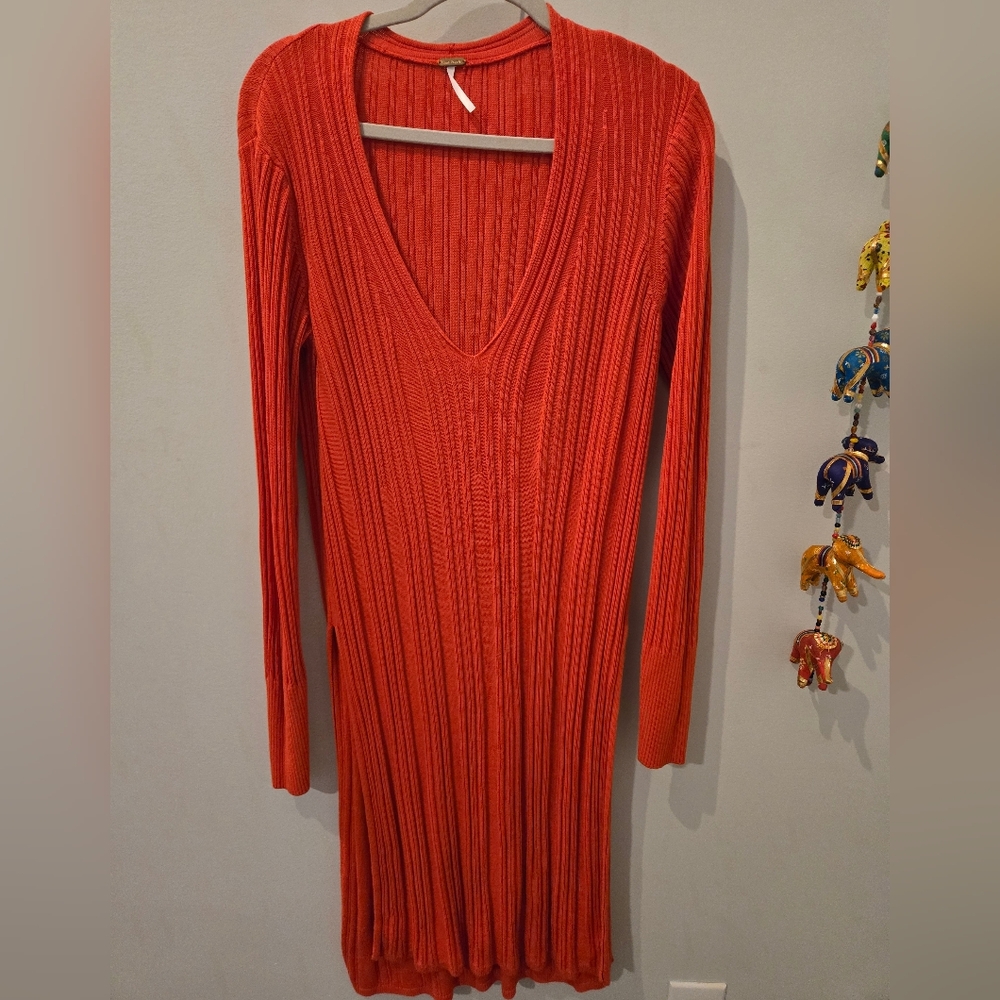 Free People Vivid Orange V-Neck Sweater